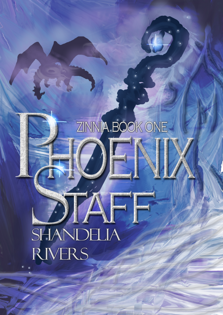 cover reveal for phoenix staff, zinnia series book one, shows a magical staff with a dragon in the background. in the foreground, zinnia's silver white hair can be seen in the corner. the background is a time warp